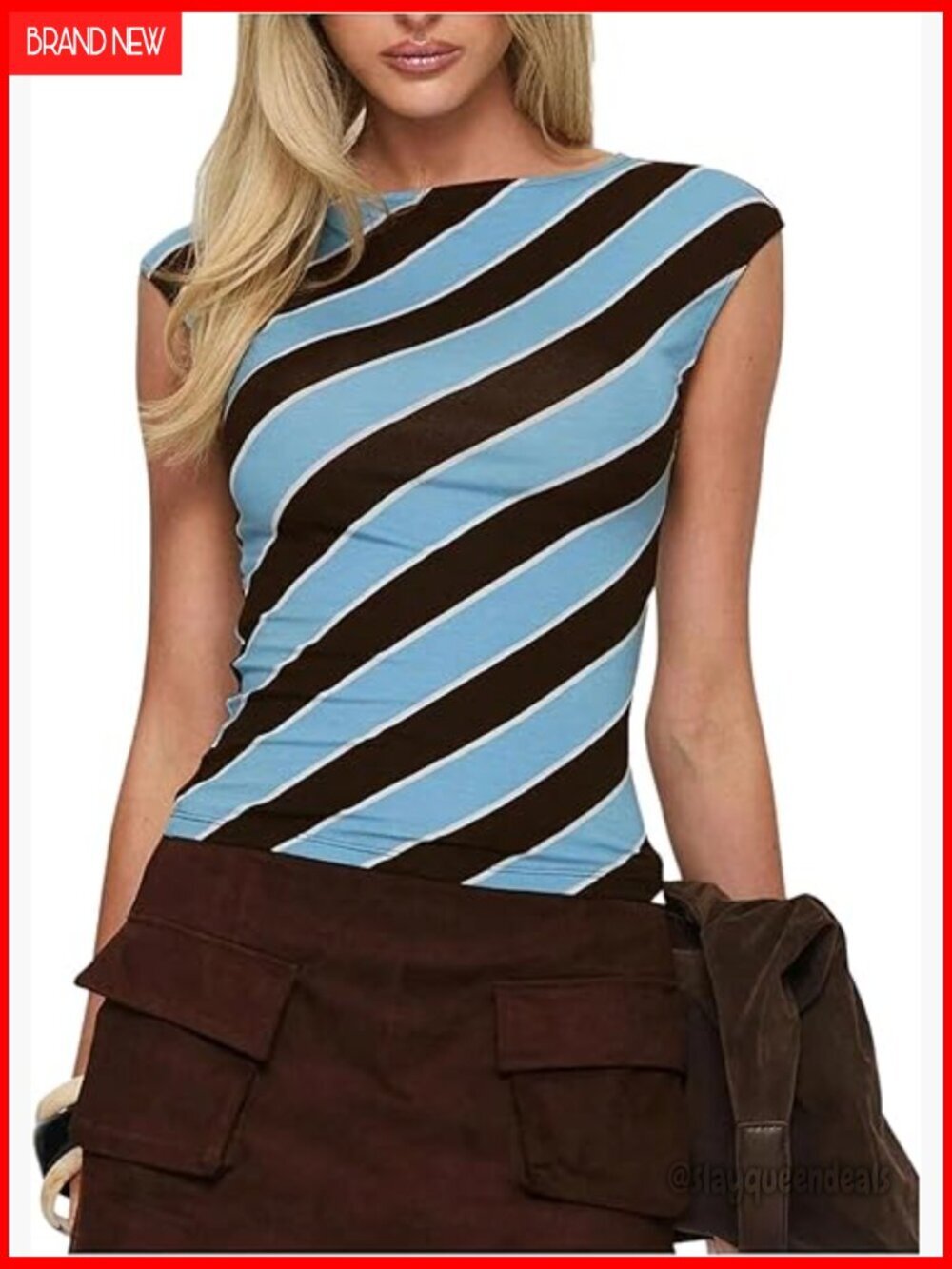 Striped Color Block Tank Top, Boat Neck Sleeveless Fitted Casual Top